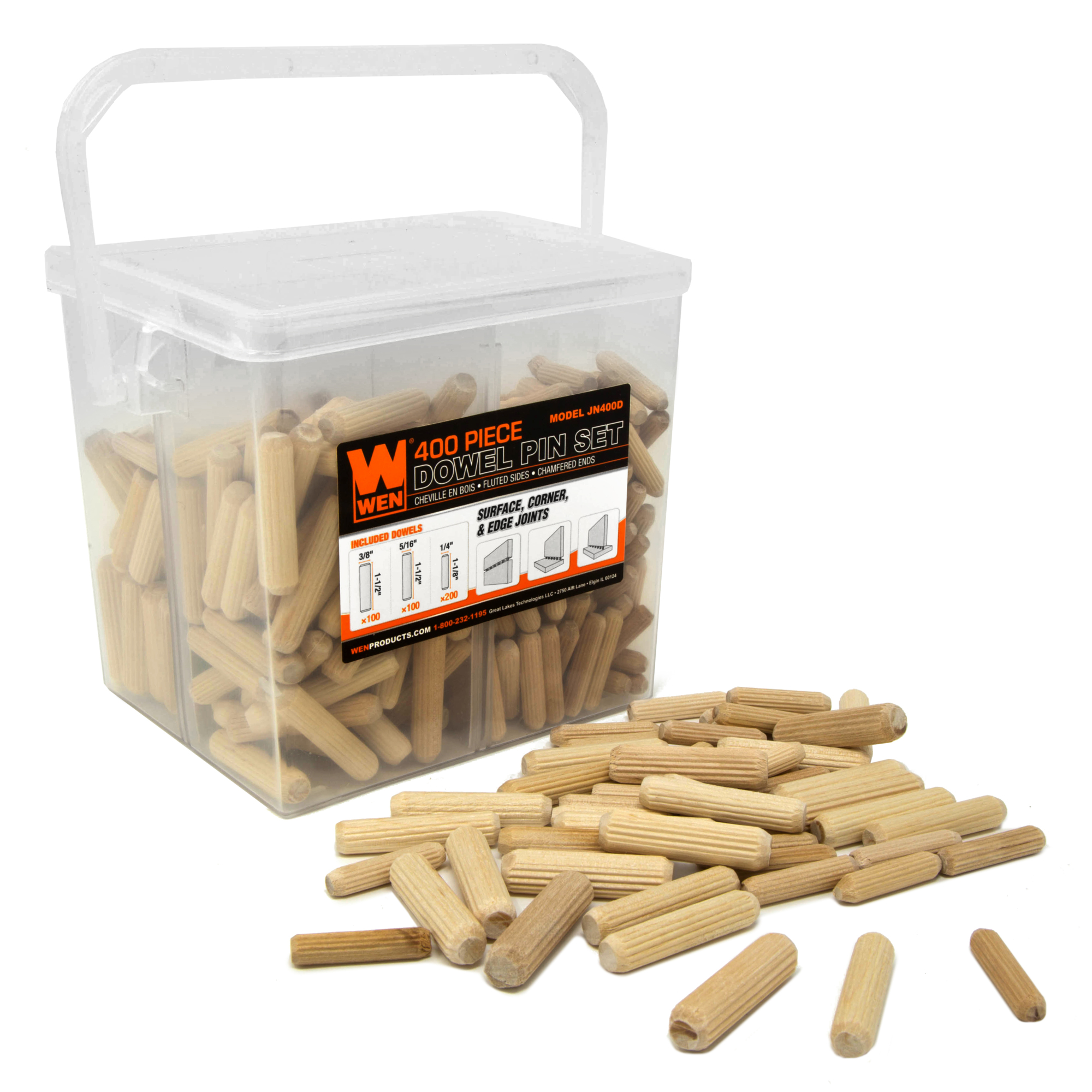 WEN Fluted Dowel Pin Variety Bucket - 400-Piece, Birch Wood, Chamfered Ends, Model# JN400D